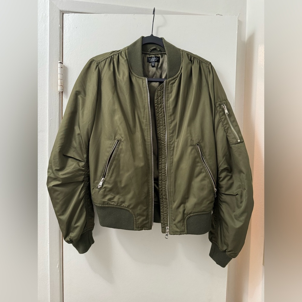 Topshop, Olive Green Bomber Jacket, Size US 8 (M)